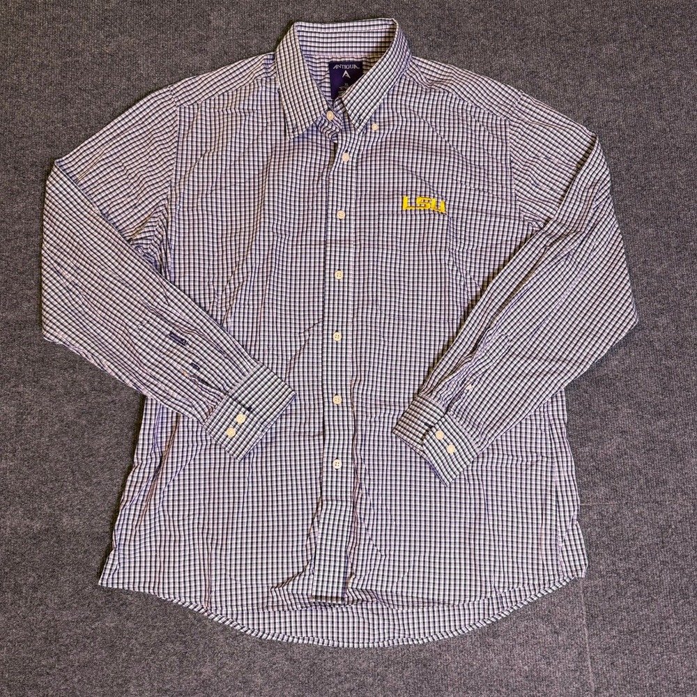 Antigua LSU Tigers Mens XL Purple Gingham Check Button Down Shirt Long Sleeve